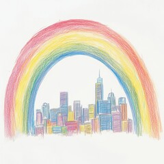 a hand-drawn pencil illustration of a vibrant rainbow arching over a colorful city skyline with a so
