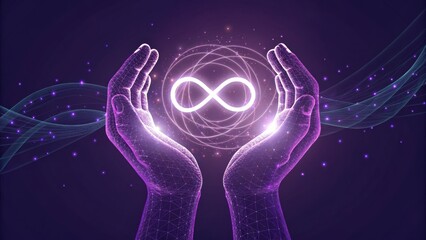 Poster - Infinity's Embrace: A digital artwork depicts ethereal hands cupping a glowing infinity symbol, symbolizing boundless potential, innovation.
