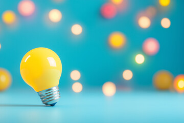 Poster - Yellow light bulb shines against colorful bokeh background
