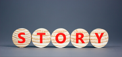 Fototapete - Story symbol. Concept word Story on beautiful wooden circles. Beautiful grey table grey background. Business lifestyle story concept. Copy space.