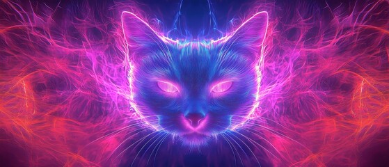 Poster - Symmetric Cat Glow, vibrant ultraviolet shapes radiating into rich magenta mist, softening sharp lines into an ethereal ambiance against a dark backdrop.