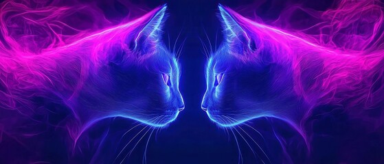 Poster - Symmetric Neon Cat Faces in Indigo and Lavender, glowing softly with a violet mist, blending edges into darkness for an ethereal, dreamlike effect.