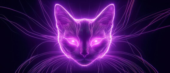 Poster - Symmetric Cat Glow in Eon Orchid, vibrant neon shapes with diffused edges merging into violet mist, creating an ethereal ambiance around a soft, blurred figure.