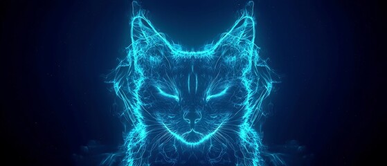 Poster - Symmetric Cat Glow, vibrant cyan core transitioning to deep navy edges, elegantly diffused neon-blue mist surrounding the figure, creating a soft ethereal ambiance.