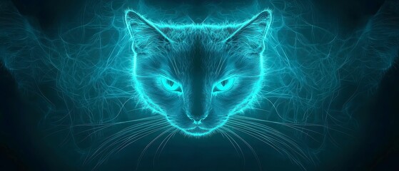 Poster - Symmetric Cat Glow with Neon Shapes, vibrant teal at center blending to arctic blue edges, enveloped in cool aqua mist, creating a soft ethereal atmosphere against dark background