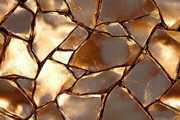 Poster - Shattered glass fragments in golden sunlight creating abstract pattern of broken pieces with sharp edges and warm reflective surfaces. Artistic macro photography.