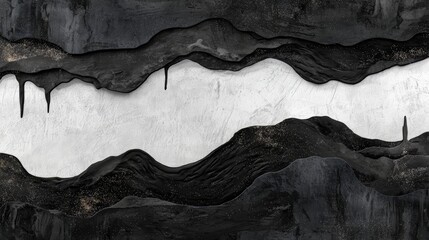 Poster - Black and white painting of a mountain range with a black and white background. The painting has a moody and dramatic feel to it, with the black and white colors creating a sense of depth