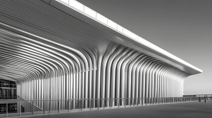Poster - Striking building design showcasing a long metal structure with black and white linear motifs softly illuminated for artistic effect.