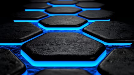 Fototapete - Blue and black hexagonal pattern is lit up. The blue and black colors create a contrast that makes the pattern stand out. The pattern is arranged in a way that creates a sense of depth