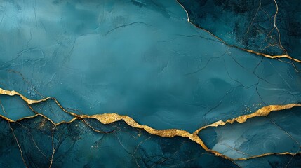 Poster - Blue and gold painting with a blue background and gold lines. The painting has a sense of depth and texture, with the gold lines creating a sense of movement and energy