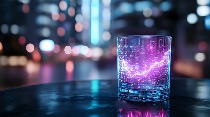Poster - Glowing neon purple cocktail glass with futuristic digital pattern on dark table against blurred city lights background creates cyberpunk atmosphere.