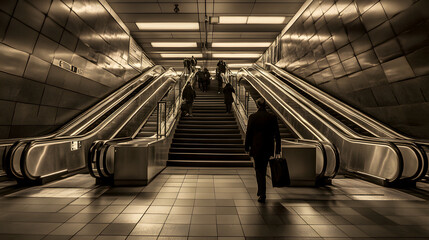 Poster - Person walking down an escalator surrounded by contrasting black and white lines creating a dynamic sense of movement and modernity.