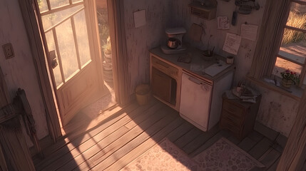 Poster - Charming kitchen scene featuring a window illuminating an inviting space with line-based illustrations and intricate notebook designs.