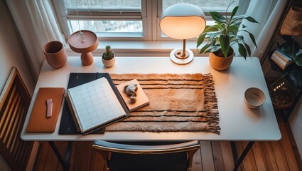 Poster - Cozy workspace with plants, soft lighting, and organized desk items in a sunlit room