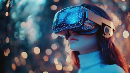 Poster - woman wearing a virtual reality headset in crystal world. generative ai