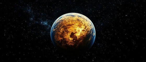 A planet with a bright orange surface is shown against a black background