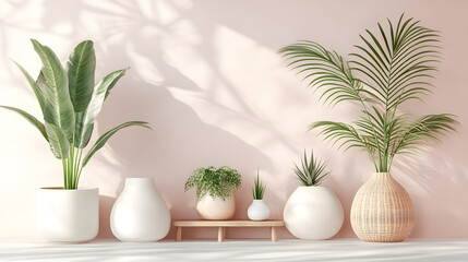 Poster - Trio of potted plants arranged on a shelf showcasing minimalist geometry in soft pastel colors for a fresh and modern look.
