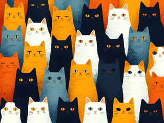 Poster - A whimsical pattern of stylized cats in various colors creates a playful, eye-catching design perfect