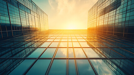Poster - Contemporary building bathed in bright sunlight streaming through large creating warm and inviting spaces inside.