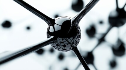 Poster - Close up of a black sphere with a network of lines surrounding it. The sphere is surrounded by many other spheres, some of which are smaller than the main sphere