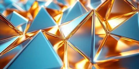 Poster - Close up of a gold and blue geometric pattern. The gold and blue colors create a sense of depth and dimension, while the sharp angles of the triangles give the image a modern and sleek feel
