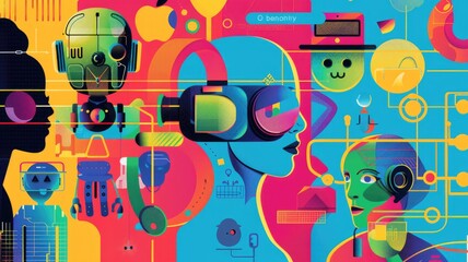 Poster - Explore a vibrant abstract artwork that combines technology and human interaction, featuring colorful elements and futuristic designs that inspire creativity.