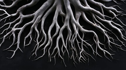 Leinwandbilder - Close up of tree roots with a black background. The roots are very long and thin, and the image has a dark and eerie mood