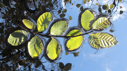 Poster - Leaves floating gracefully on a pond surface mirroring nature's fractals and patterns in the water under soft sunlight.