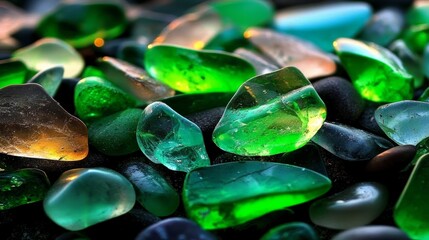 Leinwandbilder - Collection of green and blue glass stones on a black surface. The stones are of various sizes and shapes, creating a visually interesting and diverse display