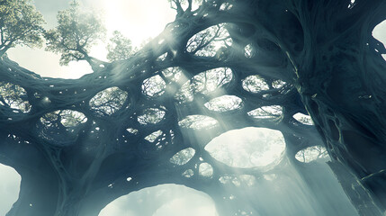 Poster - Majestic tree with sunlight shining through its branches creating a warm and inviting nature scene full of organic beauty.
