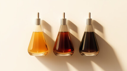 Wall Mural - three glass dropper bottles with dark and light amber liquids, arranged neatly against a white backg