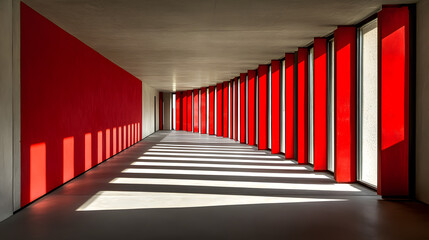 Poster - Long hallway with striking red walls illustrating creative use of negative space for a bold and dramatic interior design concept.