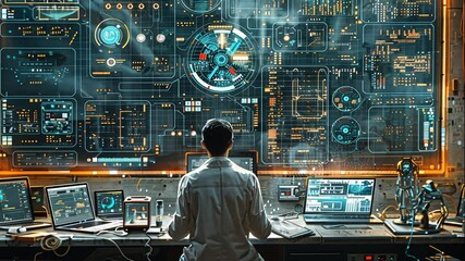 Person Working with Complex Digital Data on Multiple Screens Futuristic Tech Interface