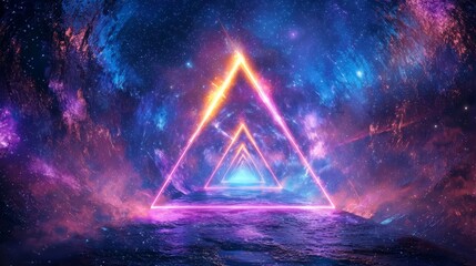 Aufkleber - Colorful galaxy with a neon blue triangle in the middle. The triangle is surrounded by a purple and orange glow. The sky is filled with stars and the water is blue