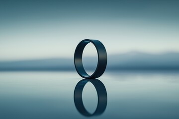Fototapete - A sleek black ring standing vertically, reflecting on a smooth, watery surface against a misty, blurred blue and white background, showcasing minimalism.