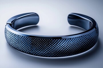 Poster - Close-up of a sleek, modern blue metal bracelet with intricate textured pattern, lying on a smooth surface, showcasing design and craftsmanship with cool lighting.