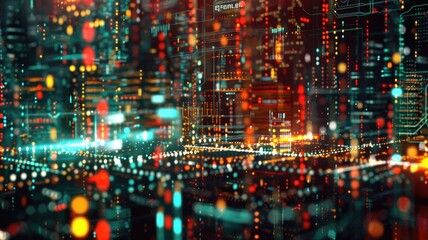 Abstract picture of neon light particle glow with digital technology style design connecting become dynamic of electric movement represent about flowing of data or structure of network system. AIG53.