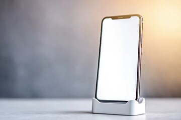 Poster - Modern smartphone with blank white screen on a holder, ideal for app promotion and digital marketing, showcasing innovation and technology capabilities.