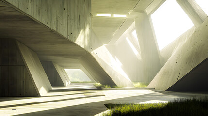 Poster - Unique architectural building featuring organic polygon styles in earthy tones set outdoors surrounded by nature and greenery.