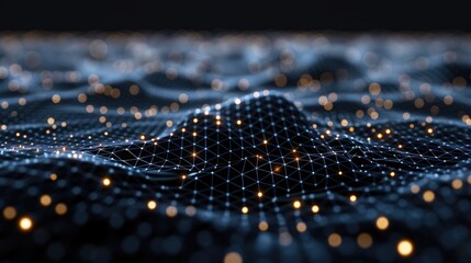 Poster - A stunning 3D visualization presenting an algorithmic landscape against a black background, featuring glowing points and wavy grid patterns that represent data processing and technology.
