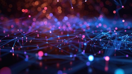 Poster - Explore a vibrant digital 3D model showcasing interconnected coins in an abstract setting. The scene features colorful lights and network structures.