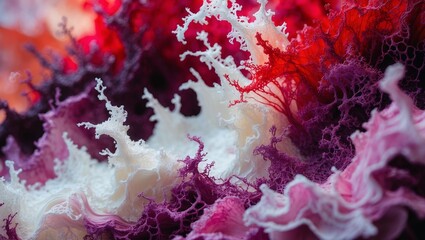 Poster - Colorful abstract art showcasing intricate textures and layers in vibrant tones of red, purple, and white during daylight
