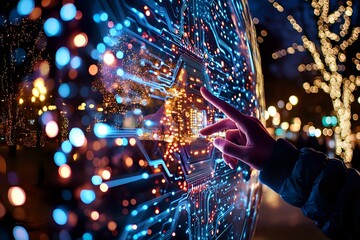 Poster - Hand touching glowing digital interface with colorful bokeh lights and illuminated trees in background creating magical nighttime atmosphere.
