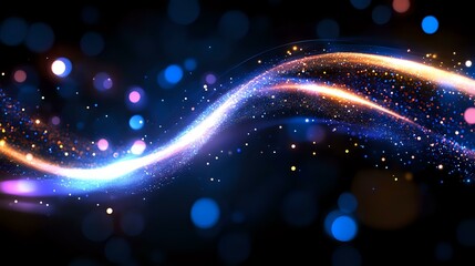 Poster - Glowing light trails with sparkles and bokeh effects on dark background create magical atmosphere for festive designs and holiday backgrounds.