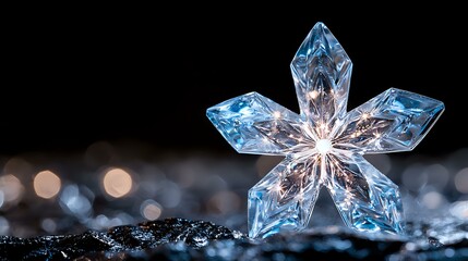 Poster - Crystalline snowflake macro with delicate geometric patterns glowing against dark background with bokeh lights, winter nature photography showing intricate ice formation.