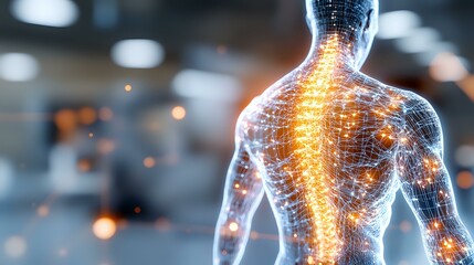 Poster - Glowing human spine visualization showing neural network and pain points in transparent male figure against dark background with bokeh effect.