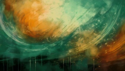 Poster - Abstract painting with orange and green brushstrokes creating swirling pattern