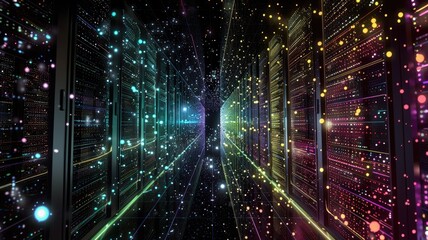 Abstract data flow with neon light effect in server. Technology in modern globalization age hosting domain service to open website or store database in online storage. Supercomputer for backup. AIG53.