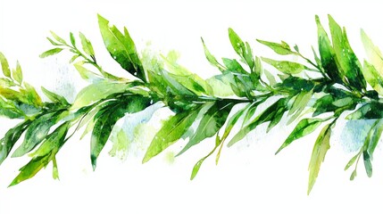 Aufkleber - Green leafy vine with watercolor brush strokes. The leaves are green and the vine is long