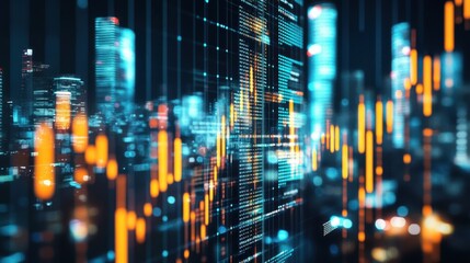 Poster - Glowing stock analytics on blurry city background. Trade and investment concept. Multiexposure